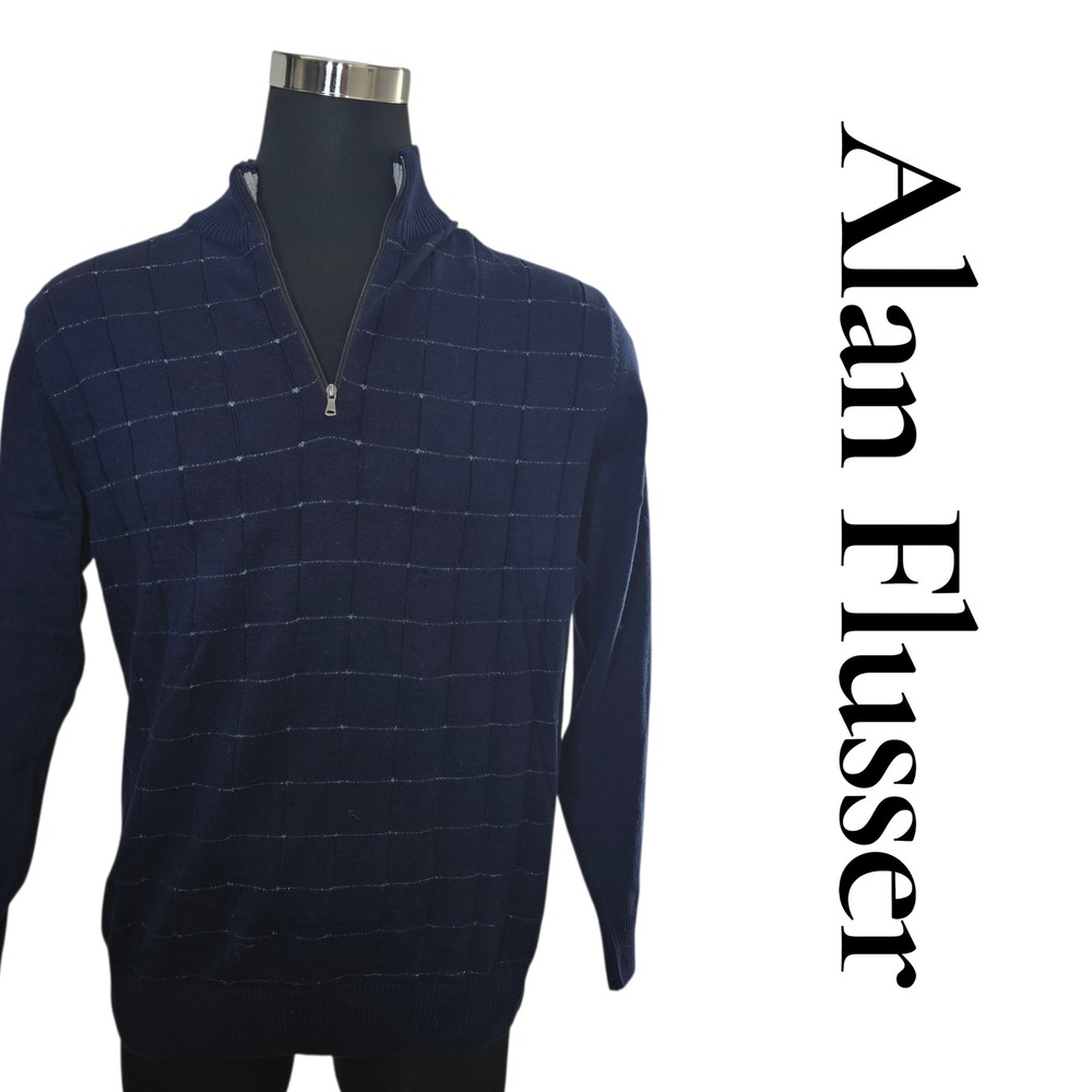 Alan Flusser Mens Navy Blue Plaid‎ Quarter Zip Knit Sweater Size L